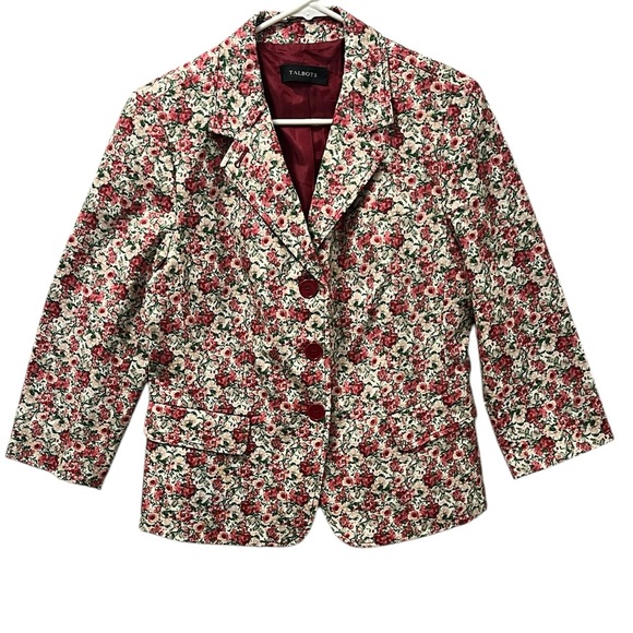 TALBOTS Floral Print Cotton Blazer Three Button Red Burgundy Rose Size Small - Picture 1 of 10